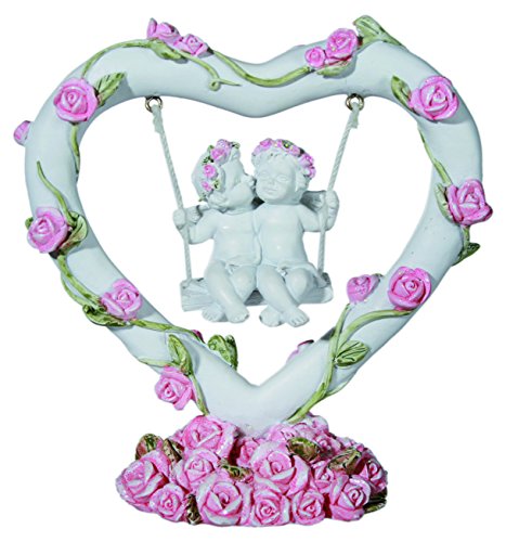 Out of the blue 937326 Polyresin-Engelpaar in Herz-Schaukel mit rosafarbenen Rosendekor, circa 11 x 10 cm von Out of the blue