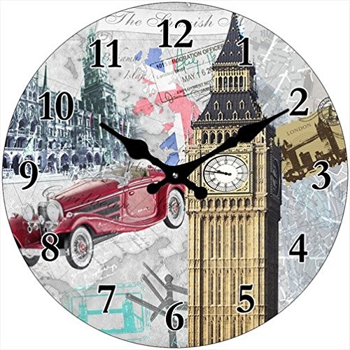 Out of the blue Glas Uhr London Motive Durchmesser 28 cm, Wanduhr im Vintage Look mit Big Ben und Oldtimer, ausgefallenes Geschenk für England und Retro Fans von Out of the blue
