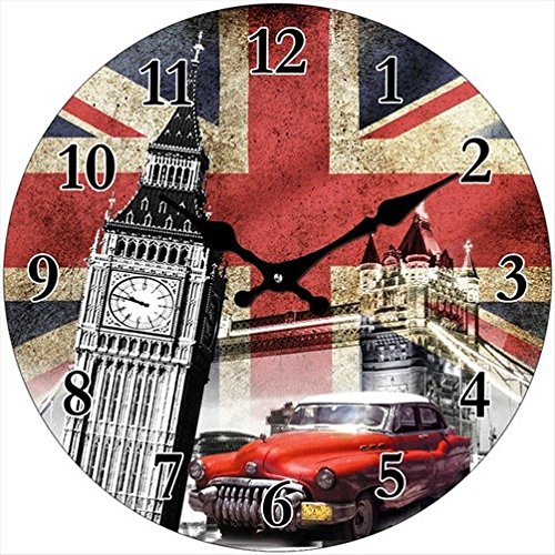 Out of the blue Glas Uhr London Motive Durchmesser 38 cm, Wanduhr im Vintage Look mit Tower Bridge und Big Ben, ausgefallenes Geschenk für England und Retro Fans von Out of the blue