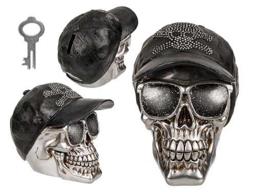 Spardose mit Schloss, Totenkopf mit Basecap, ca. 16 x 13 cm, aus Polyresin, Silber Spardose mit Schloss, Totenkopf mit Basecap, ca. 16 x 13 cm, aus Polyresin, Silber von Out of the blue