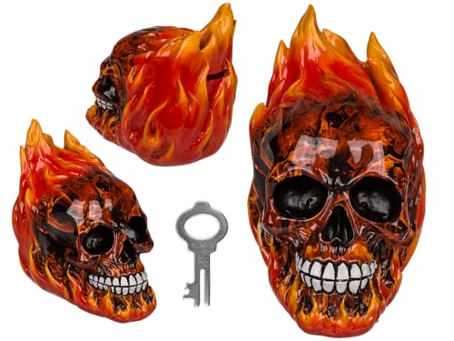 Spardose mit Schloss, Totenkopf mit Feuer, ca. 16 x 16 cm, aus Polyresin von Out of the blue