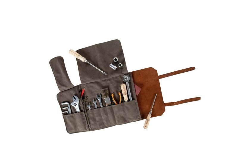 Outbacker Werkzeugtasche Werkzeugrolle aus wasserfestem Canvas und Leder in khaki und charcoal von Outbacker