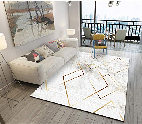 Outdoor-QJ Groessen Moderner Wohnzimmer Teppich Hauptdekoration rutschfest Pflegeleicht Gold zeichnet weißes geometrisches Muster 160x230CM von Outdoor-QJ