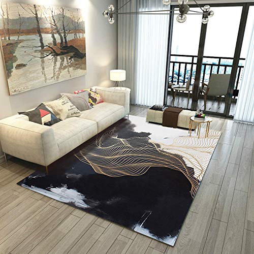 Outdoor-QJ Groessen Moderner Wohnzimmer Teppich rutschfest Pflegeleicht Schwarz Gold weiß 140x200CM von Outdoor-QJ