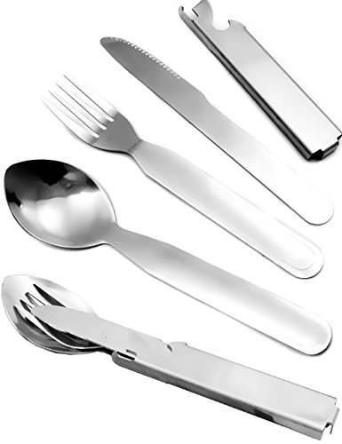 OUTDOOR SAXX 5-in-1 Camping Reise-Besteck, Messer Gabel Löffel Dosen-Öffner Flaschen-Öffner, Edelstahl von Outdoor Saxx