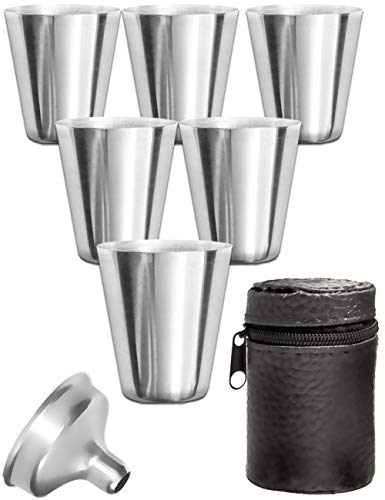 Outdoor Saxx 8-teiliges Edelstahl-Becher Set, 6 unzerbrechliche Schnaps-Becher, Einfüll-Trichter in Leder-Tasche von Outdoor Saxx