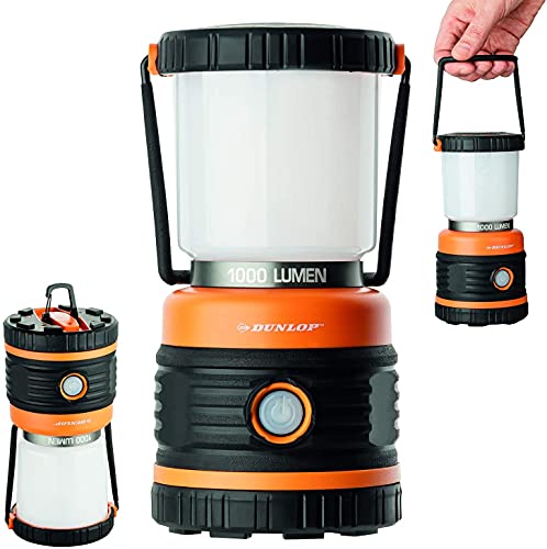 Outdoor Camping Leuchte DUNLOP LED | 1000 Lumen | 4 Leuchtmodi | Dimmbar | Stoßfest, Kratzfest+ Spritzwasser geschützt IP44 | 46 SMD | Neue Version ohne Standby LED (Orange/Schwarz) von DUNLOP