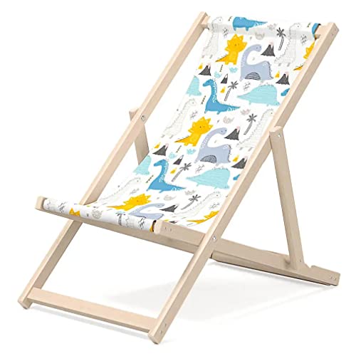 Outentin Kinder Liegestuhl für Garten - Premium Liegestuhl Kinder Holz für Balkon und Strand - Sonnenliege für Kinder - Modernes Design - Liegestuhl Kinder Outdoor - Motiv Dino von Outentin