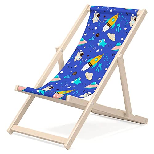 Outentin Kinder Liegestuhl für Garten - Premium Liegestuhl Kinder Holz für Balkon und Strand - Sonnenliege für Kinder - Modernes Design - Liegestuhl Kinder Outdoor - Motiv Kosmos von Outentin