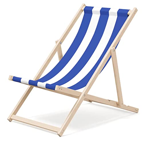 Outentin Liegestuhl Holz Klappbar - Sonnenliege - Premium Beach Chair Groß - für Garten, Balkon und Strand - Modernes Design - Strandliege Holz Klappbar – Bis zu 130 kg Motiv Blauer Streifen von Outentin