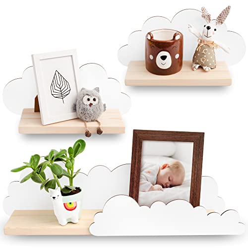 Outentin Wandregal Wolke Kinderzimmer - Wolken Regal Kinderzimmer in Weiß - Natürliches Holz - Wolkenförmige Holzregale für babyzimmer, inkl. Halterungen & Befestigungdübel - Set mit 3 Stück von Outentin