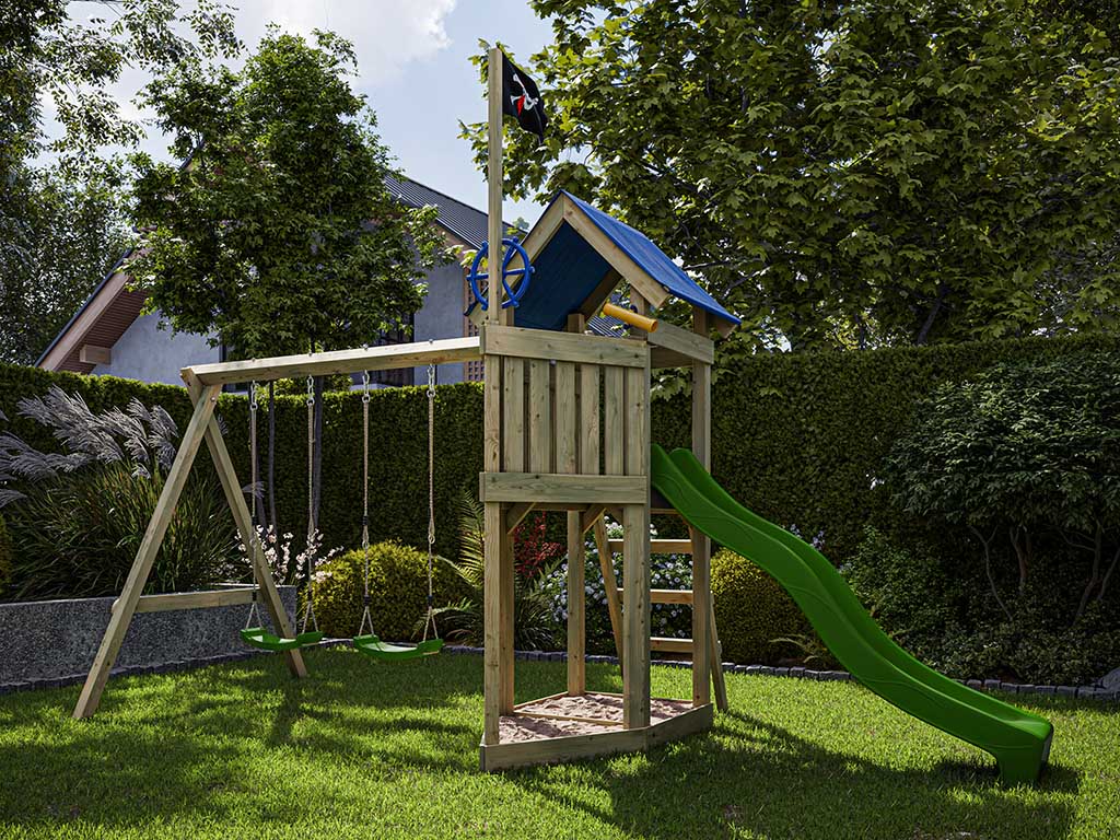 Outgarden Spielturm Captain Jolly KDI mit Doppelschaukel inkl. Rutsche grün + Sitze grün - BxTxH: 507x205x258 cm, inkl. Rutsche grün + Sitze grün von Outgarden