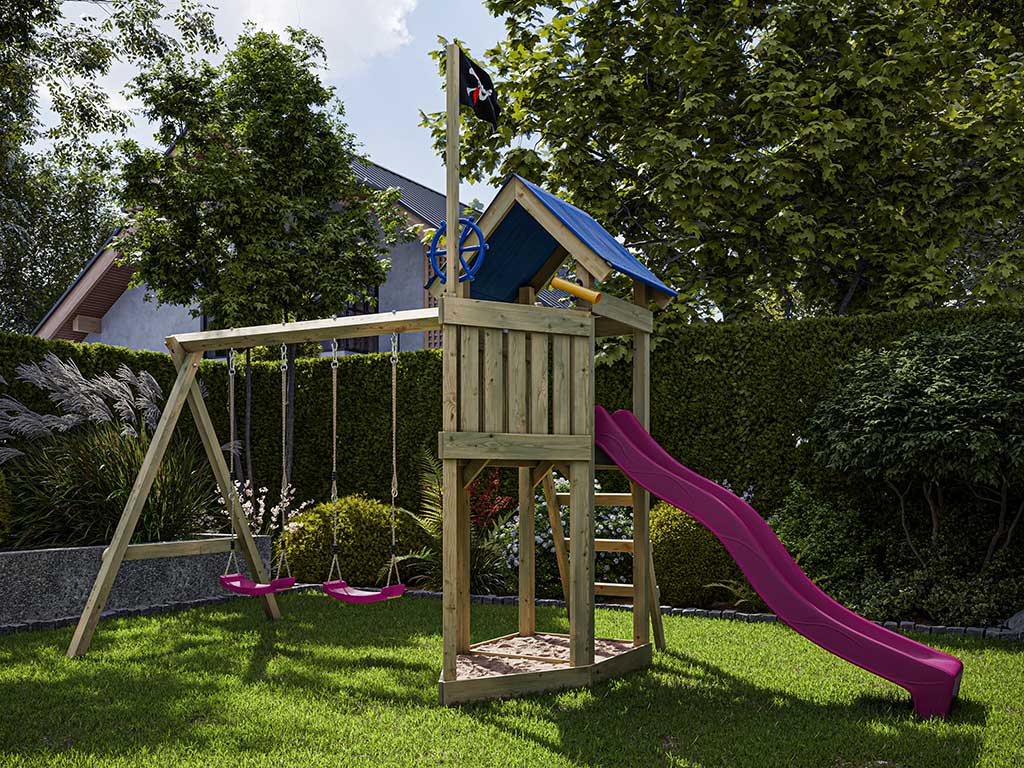 Outgarden Spielturm Captain Jolly KDI mit Doppelschaukel inkl. Rutsche pink + Sitze pink - BxTxH: 507x205x258 cm, inkl. Rutsche pink + Sitze pink von Outgarden