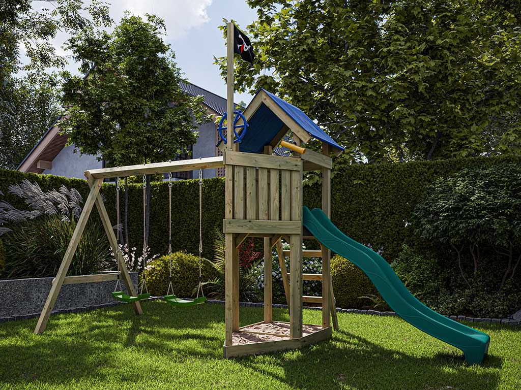 Outgarden Spielturm Captain Jolly KDI mit Doppelschaukel inkl. Rutsche türkis + Sitz grün - BxTxH: 507x205x258 cm, inkl. Rutsche türkis + Sitz grün von Outgarden