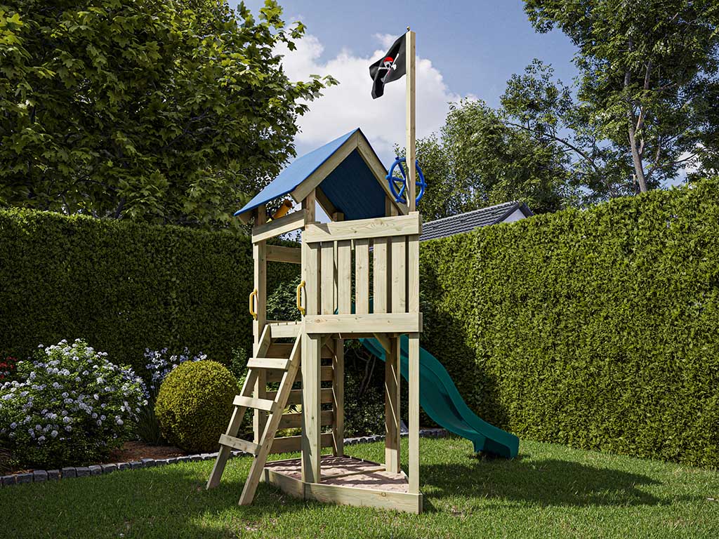 Outgarden Spielturm Captain Jolly KDI inkl. Rutsche türkis - BxTxH: 313x156x258 cm, inkl. Kletterwand + Zubehör, inkl. Rutsche türkis von Outgarden