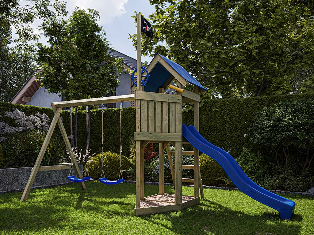 Outgarden Spielturm Captain Jolly KDI mit Doppelschaukel inkl. Rutsche blau + Sitze blau - BxTxH: 507x205x258 cm, inkl. Rutsche blau + Sitze blau von Outgarden