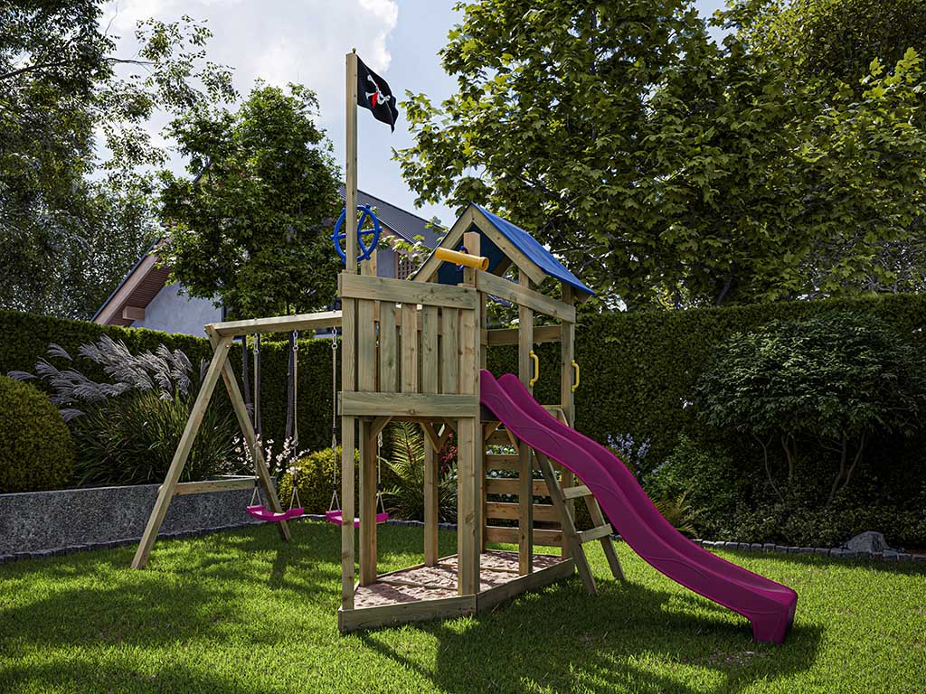 Outgarden Spielturm Captain Snappy KDI mit Doppelschaukel inkl. Rutsche pink + Sitze pink - BxTxH: 507x255x258 cm, inkl. Kletterwand, inkl. Rutsche von Outgarden