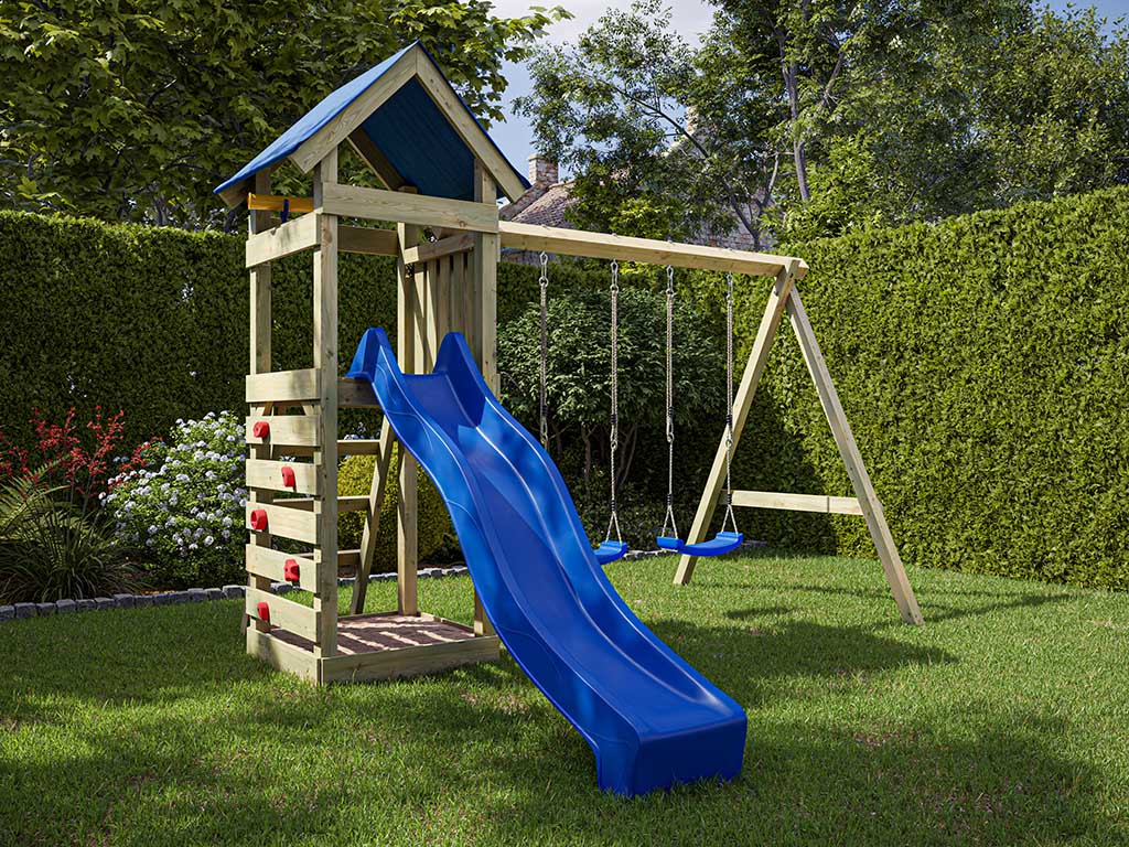 Outgarden Spielturm Easy KDI inkl. Doppelschaukel inkl. Rutsche blau + Sitze blau - BxTxH: 327x317x258 cm, inkl. Kletterwand, inkl. Rutsche blau + von Outgarden