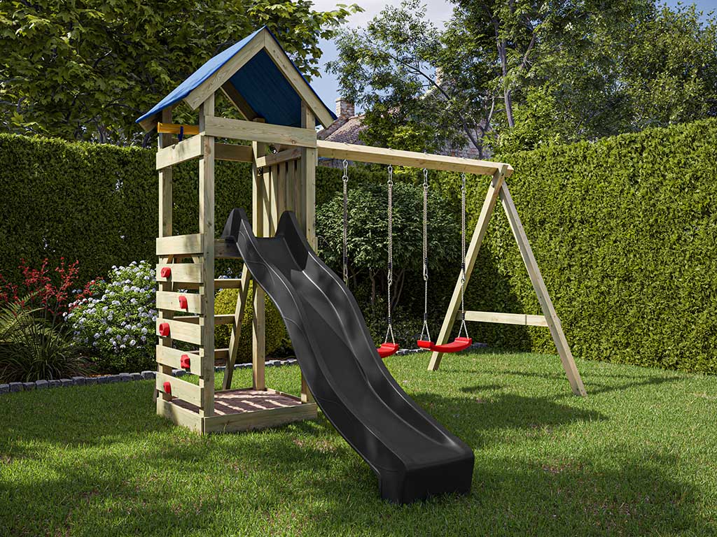 Outgarden Spielturm Easy KDI inkl. Doppelschaukel inkl. Rutsche grau + Sitze rot - BxTxH: 327x317x258 cm, inkl. Kletterwand, inkl. Rutsche grau + von Outgarden