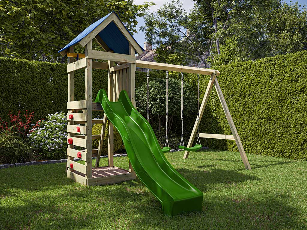 Outgarden Spielturm Easy KDI inkl. Doppelschaukel inkl. Rutsche grün + Sitze grün - BxTxH: 327x327x258 cm, inkl. Kletterwand, inkl. Rutsche grün + von Outgarden