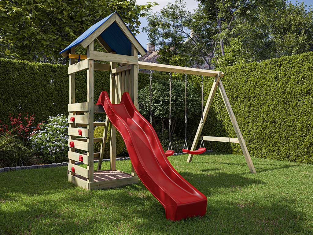 Outgarden Spielturm Easy KDI inkl. Doppelschaukel inkl. Rutsche rot + Sitze rot - BxTxH: 327x317x317 cm, inkl. Kletterwand, inkl. Rutsche rot + Sitze  von Outgarden