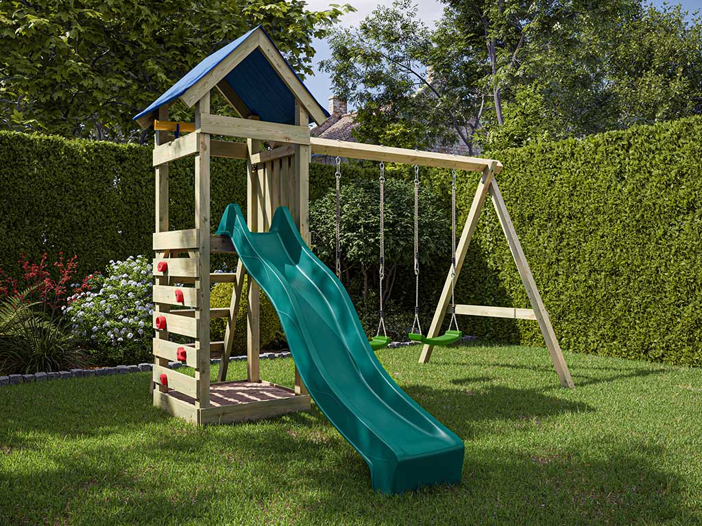 Outgarden Spielturm Easy KDI inkl. Doppelschaukel inkl. Rutsche türkis + Sitze grün - BxTxH: 327x317x258 cm, inkl. Kletterwand, inkl. Rutsche türkis + von Outgarden