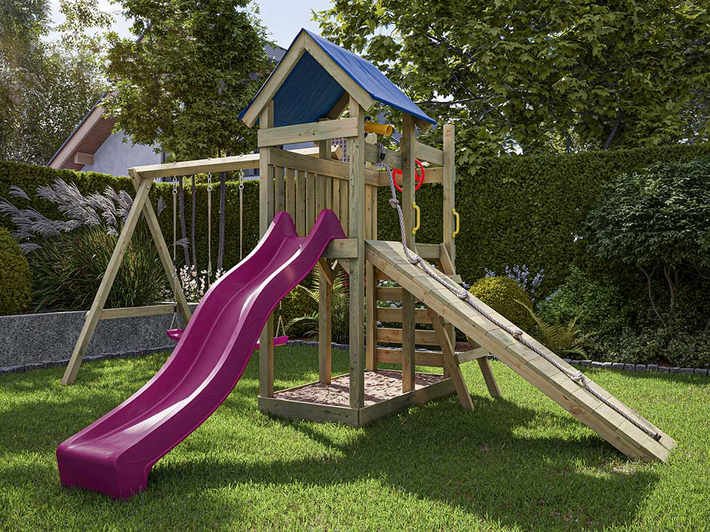 Outgarden Spielturm Hefty KDI inkl. Doppelschaukel inkl. Rutsche pink + Sitze pink - BxTxH: 481x486x258 cm, inkl. Kletterwand + Rampe, inkl. Rutsche von Outgarden