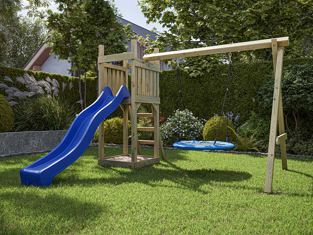 Outgarden Spielturm Skinny KDI inkl. Doppelschaukel inkl. Rutsche blau + Nestschaukel - BxTxH: 315x327x220 cm, inkl. Rutsche blau + Nestschaukel von Outgarden