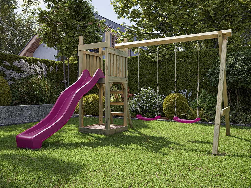 Outgarden Spielturm Skinny KDI inkl. Doppelschaukel inkl. Rutsche pink + Sitze pink - BxTxH: 315x327x220 cm, inkl. Rutsche pink + Sitze pink von Outgarden