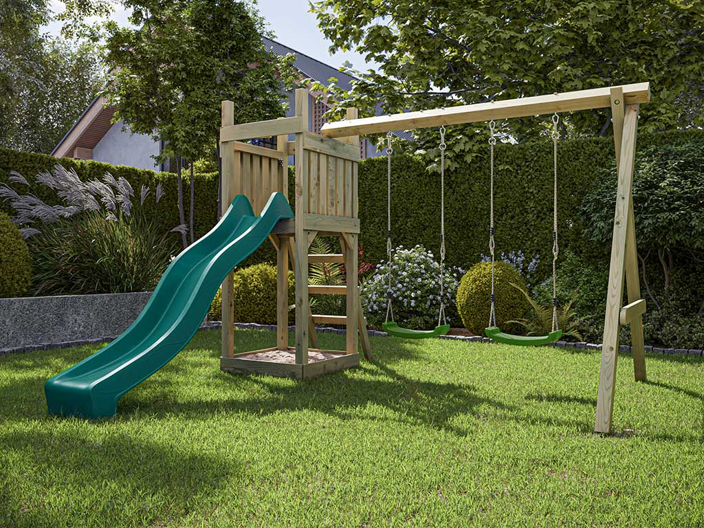 Outgarden Spielturm Skinny KDI inkl. Doppelschaukel inkl. Rutsche türkis + Sitze grün - BxTxH: 315x327x220 cm, inkl. Rutsche türkis + Sitze grün von Outgarden