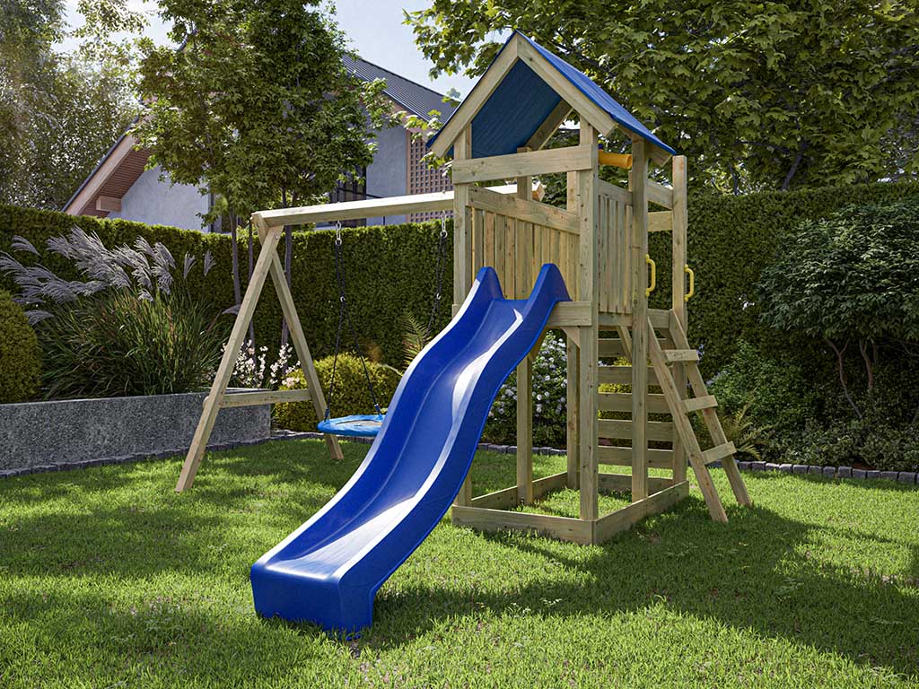 Outgarden Spielturm Speedy KDI inkl. Doppelschaukel inkl. Rutsche blau + Nestschaukel - BxTxH: 355x386x258 cm, inkl. Kletterwand, inkl. Rutsche blau + von Outgarden