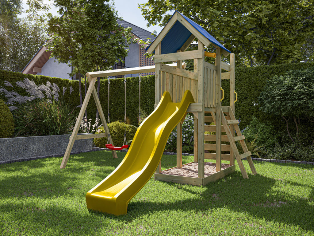 Outgarden Spielturm Speedy KDI inkl. Doppelschaukel inkl. Rutsche gelb + Sitze rot - BxTxH: 355x386x258 cm, inkl. Kletterwand, inkl. Rutsche gelb + von Outgarden