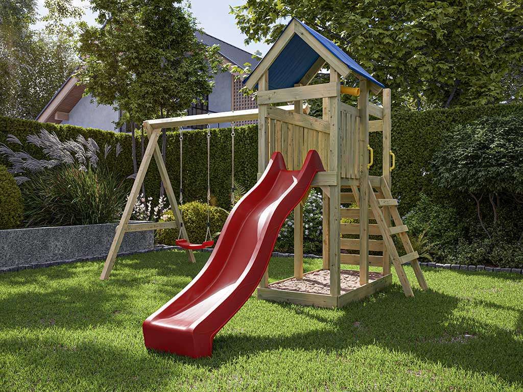 Outgarden Spielturm Speedy KDI inkl. Doppelschaukel inkl. Rutsche rot + Sitze rot - BxTxH: 355x386x258 cm, inkl. Kletterwand, inkl. Rutsche rot + von Outgarden