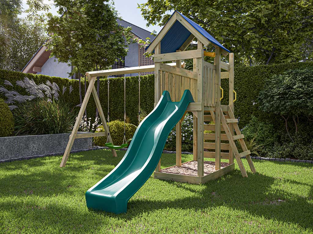 Outgarden Spielturm Speedy KDI inkl. Doppelschaukel inkl. Rutsche türkis + Sitze grün - BxTxH: 355x386x258 cm, inkl. Kletterwand, inkl. Rutsche türkis von Outgarden