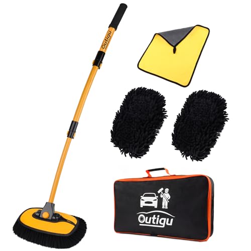 Autowaschbürste mit Teleskopstiel, 3-in-1 Chenille Mikrofaser Chenille Reinigungsset für Auto, LKW und Hausreinigung, Autowaschmopp mit gebogenem Design Langer Griff von Outigu