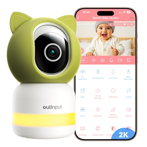 Outinput 2K/4MP WLAN Babyphone mit Kamera App, 360° Baby Monitor with Camera, Fütterungserinnerung, Schlaflieder, Farb-Nachtsicht,2-Wege-Audio, Nachtsicht, Bewegungs/Weinen/Temp/Feuchtigkeitserkennung von Outinput