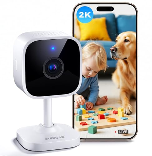 Outinput 2K Überwachungskamera Innen Security, Smarte WLAN Kamera mit QHD-Nachtsicht, Babyphone Hundekamera mit APP, Bewegungserfassung, Geräuscherkennung, 2-Wege-Audio, Siren, Micro SD&Cloud-Speicher von Outinput