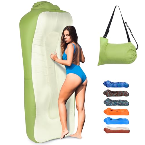 Outplea Aufblasbares Sofa für Land und Wasser, Klappbares Luftsofa Leicht, Strandliege Aufblasbar mit Tasche, Air Lounger Sitzsack Aufblasbar Outdoor für Garten Strand Picknick, Grün & Beige von Outplea