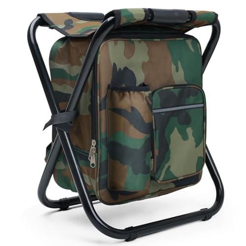 Outplea Campinghocker mit Kühltasche 15L Integriert, Stabiler Klapphocker Faltbar mit Tasche， Leichter Sitzrucksack, Tragbar Hocker für Angeln Picknick Trekking Jagd Wandern, Camouflage von Outplea