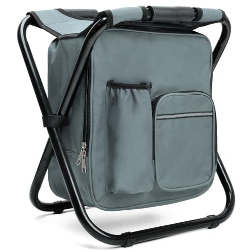 Outplea Campinghocker mit Kühltasche 15L Integriert, Stabiler Klapphocker Faltbar mit Tasche， Leichter Sitzrucksack, Tragbar Hocker für Angeln Picknick Trekking Jagd Wandern, Grau von Outplea