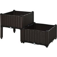 Hochbeet 2-teiliger Pflanzkasten mit Abflusslöchern in Rattan-Look PP Braun 40 x 40 x 44 cm von Outsunny