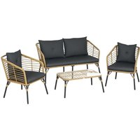4 tlg. Gartenmöbel-Set, Rattan Sitzgarnitur mit Kissen, Sitzgruppe mit 3 Sesseln, 1 Couchtisch, Balkonmöbel im Boho-Stil für 4 Personen, von Outsunny