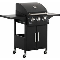 Gasgrill bbq mit 3 Brennern je 3 kw mobiler Grillwagen mit 4 Rädern Grillnetz Seitentischen Druckminderer Schläuche Schrank Multifunktion Stahl von Outsunny