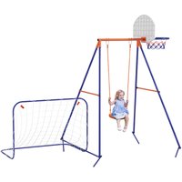 Kinderschaukel-Set, Fußballtor, Basketballkorb, für 3 bis 8 Jahre, Stahlgestell - Dunkelblau+Orange von Outsunny