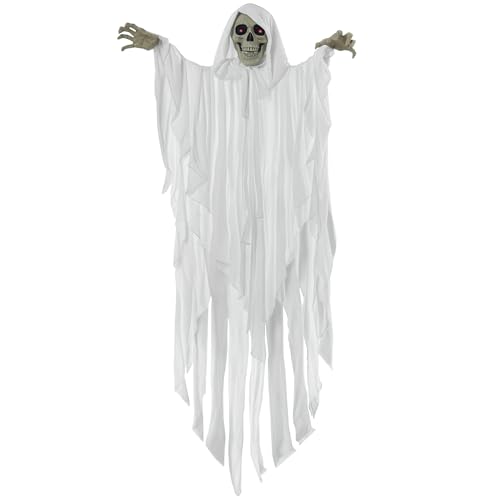 Outsunny 153 cm Halloween Deko Horror Gespenst Hängend Skelett Schädel Halloween Hängend Deko Geist Augenglühen mit Spezialeffekten und Soundfunktion Weiß von Outsunny