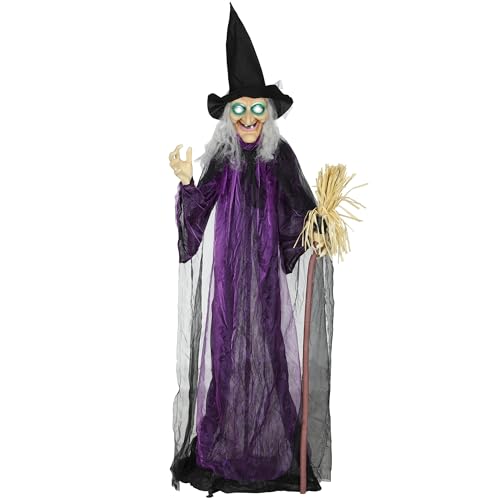 Outsunny 183 cm lebensgroße, animierte Halloween-Hexe mit Besenstiel und leuchtenden LED-Augen, gruselige Hexe, schaurige Halloween-Dekoration, batteriebetrieben, Indoor-Partyrequisiten von Outsunny