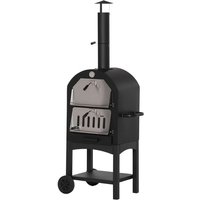 2-In-1 Pizzaofen Outdoor mit Rollen Grillofen mit Schutzhülle Pizzaschaufel 2 Grillnetzen Grillwagen mit Schornstein 3-Tier Holzbackofen für bbq von Outsunny