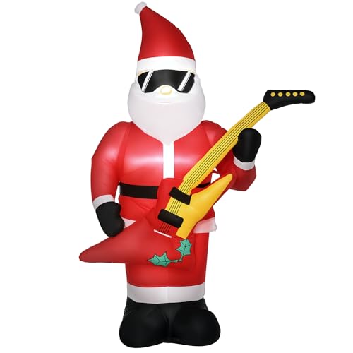 Outsunny 215 cm Aufblasbarer Weihnachtsmann mit E-Gitarre Aufblasbare Weihnachtsbeleuchtung LED Selbstaufblasende Weihnachtsdeko Wasserdicht für Innen- und Außenbereich von Outsunny