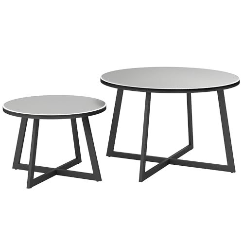 Outsunny 2er Set Beistelltisch Stapelbar Gartentisch Rund wetterfest Balkontisch mit X-Beine Glasplatte Stahl Campingtisch Kaffeetisch für Wohnzimmer Büro Outdoor Indoor Schwarz+Grau von Outsunny