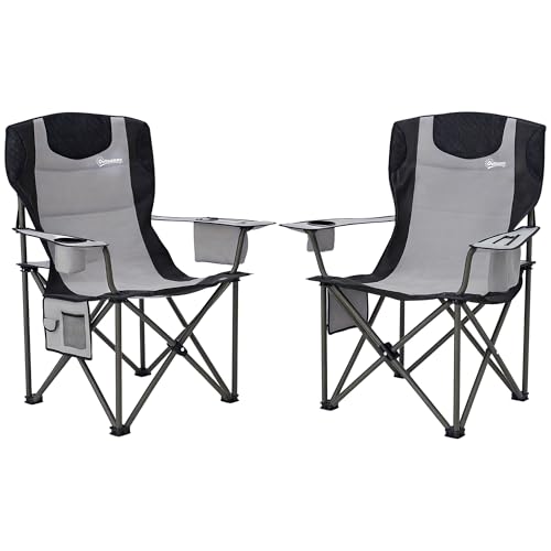 Outsunny 2er Set Campingstuhl Klappstuhl Gepolsterter Campingstuhl mit Verstellbaren Armlehnen, Tragbarer & Leichter Faltbarer Campingstuhl mit Kühltasche, Getränkehalter und Seitentaschen, Grau von Outsunny